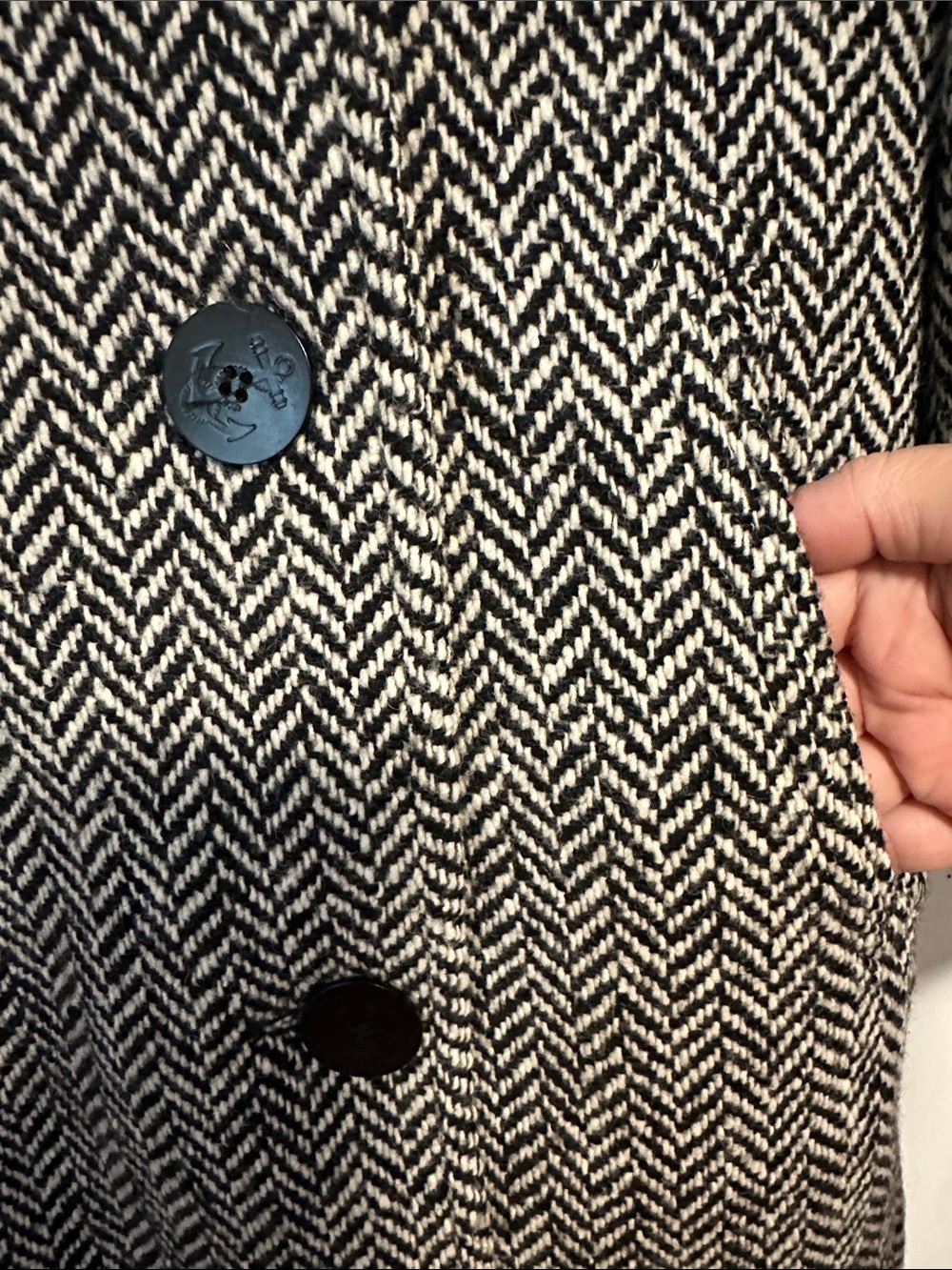L.L. Bean Black & White Herringbone Double-Breasted Anchor Button Peacoat - Picture 4 of 7